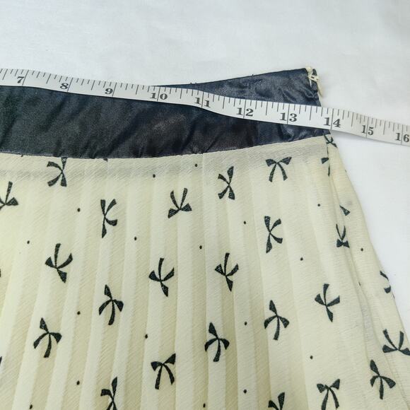 Vtg Pleated Chiffon Cream Black Ribbon Print A-Line Skirt Small Preppy Coquette - Picture 8 of 11
